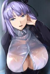 1girls 2022 blue_eyes breasts cafekun cleavage dagashi_kashi female female_only huge_breasts looking_at_viewer purple_hair shidare_hotaru short_hair simple_background wet wet_body wet_breasts wet_clothing