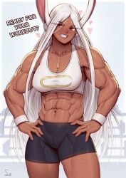 1girls abs absurd_res adonis_belt alternate_version_at_source animal_ears biceps blush breasts cleavage collarbone dark-skinned_female dark_skin english_text grin heart hi_res inner_ear_fluff large_breasts midriff miruko muscular muscular_female my_hero_academia navel obliques parted_lips rabbit_ears red_eyes rumi_usagiyama shorts signature solo speedl00ver sports_bra sweat veins white_hair wristband