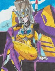 1girls 2022 alien alien_girl armor artist_signature big_breasts crossed_legs cybertronian decepticon female female_decepticons female_only full_color gynoid hasbro helmet humanoid pencil_(artwork) pinup ravern_clouk smile smiling_at_viewer solo solo_female tagme thighs thunderblast transformers transformers_cybertron underboob yellow_eyes