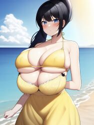 4_breasts ai_generated bangs beach big_breasts bikini_top black_hair blue_eyes blush bra bra_strap breasts cameltoe cleavage dress huge_breasts multi_breast nai_diffusion nervous ocean ponytail sidelocks stable_diffusion string_bikini summer_dress sundress sunny tetra_(oc) tetra_ai tight_clothing walking yellow_bikini yellow_bra yellow_dress