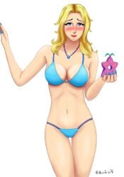 1girls big_breasts bikini blonde_hair blue_bikini blue_eyes blue_swimsuit blush blushing_at_viewer female female_only haley_(stardew_valley) smile smiling smiling_at_viewer solo solo_female stardew_valley sundrie76 swimsuit transparent_background