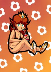 1girls 4_fingers bikini black_bikini blue_eyes breasts brown_hair bumpadump crown drink female female_only flower flower_earrings gradient_background human looking_at_viewer mario_(series) newgrounds nintendo nipple_slip nipples orange_background orange_shoes orange_theme princess princess_daisy royalty sipping sitting socks solo solo_female white_sclera