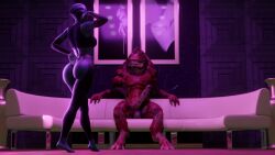 3d 3d_(artwork) 3d_model alien alien_girl alien_humanoid asari ass ass_focus big_balls big_penis blender blender_(software) blue_skin breasts darksky42069 erect_penis erection krogan liara_t'soni mass_effect private_room private_session seductive seductive_pose sexually_suggestive stripper tiptoes urdnot_wrex