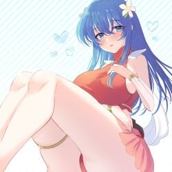 :d alternate_costume awayuki_ramika bare_shoulders bikini blue_background blue_eyes blue_hair blush breasts caeda_(fire_emblem) caeda_(summer)_(fire_emblem) female female_only fire_emblem fire_emblem:_mystery_of_the_emblem fire_emblem:_shadow_dragon_and_the_blade_of_light fire_emblem_heroes flower hand_on_own_face heart large_ass large_breasts long_hair official_alternate_costume open_mouth red_bikini red_swimsuit sideboob skirt sleeveless smile solo striped striped_background swimsuit thigh_strap thighs turtleneck white_background wing_collar