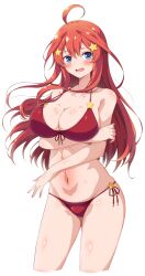 1girls blue_eyes blush cleavage eggman_(pixiv28975023) female go-toubun_no_hanayome large_breasts long_hair looking_at_viewer nakano_itsuki open_mouth red_bikini red_hair red_swimsuit shiny_skin star_(symbol) sweat thick_thighs thighs underwear wide_hips