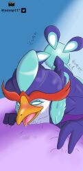 ahe_gao anatid anseriform anthro avian bird blue_body blue_eyes blue_feathers bodily_fluids duck elelite expressions feathers female hi_res looking_pleasured nintendo pokémon_(species) pokemon pokemon_(species) pokemon_sv quaquaval saliva solo tongue tongue_out video_games