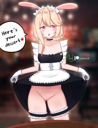 bunny_ears dessert dress_lift gloves hair_ornament lewdlux lewdlux_(vtuber) maid_headdress maid_uniform no_panties open_mouth paris01 pussy red_eyes small_breasts speech_bubble white_gloves