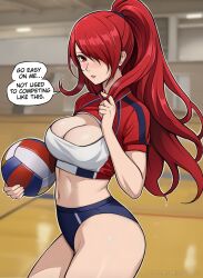 1girls atlus bloomers breasts buruma cleavage dialogue english_text female hair_over_one_eye indoors large_breasts lepypepy light-skinned_female long_hair long_red_hair megami_tensei mitsuru_kirijo persona persona_3 ponytail red_hair red_hair_over_one_eye sports_bra sportswear volleyball volleyball_uniform