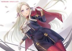 1girls ascot black_jacket black_shorts breasts cape commentary_request cowboy_shot edelgard_von_hresvelg female female_only fire_emblem fire_emblem:_three_houses forehead garreg_mach_monastery_uniform gloves grey_hair hair_ribbon jacket large_breasts long_hair long_sleeves looking_at_viewer nintendo pantyhose purple_eyes purple_ribbon red_cape red_legwear ribbon sebu_illust shorts solo standing very_long_hair white_ascot white_background white_gloves white_hair