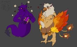 2futas bird comparing ghazkin ghazt glowl my_singing_monsters purple_fur red_feathers tagme