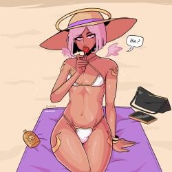 1boy 1femboy 2022 angel angel_halo angel_wings anhel_(loggus_doggus) beach beach_background bikini bob_cut crossdressing femboy femboy_only halo loggus_doggus male male_only original original_character outdoors pink_hair shiny_skin short_hair sitting solo speech_bubble sun_hat sunhat swimsuit tan-skinned_femboy tan_skin tattoo tattoos thick_lips thick_thighs trap twink wings