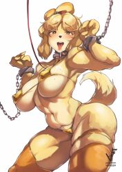 1girls animal_crossing anthro big_breasts collar eipelppa female female_only furry heart-shaped_pupils iepelppa iparuputsua ipelppa isabelle_(animal_crossing) leash nintendo shackles simple_background solo solo_female tongue tongue_out