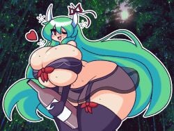 1girls big_breasts bottle drunk ex-keine gensin green_hair horns hourglass_figure huge_breasts keine_kamishirasawa lingerie looking_at_viewer red_eyes request solo solo_female solo_focus sweat tagme thick thick_thighs touhou wink winking_at_viewer