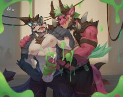 2boys arm_over_shoulder armor balls blush chest_hair collar cum cumming dragon furry furry_only gay gloves horns male male/male male_only munax_od muscular muscular_male orgasm penis penis_out pubic_hair scalie slime sounding spiked_collar tagme tail tongue tongue_out two_tone_body