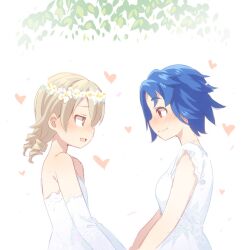 2girls blonde_hair blue_hair blush blush_lines blushing_at_another emily_(stardew_valley) female female_only happy idolmaster idolmaster_cinderella_girls looking_at_another looking_at_partner marriage morikubo_nono red_eyes smile smiling smiling_at_another stardew_valley uccow wedding yuri