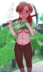 1girls abs alex_(minecraft) dialogue diamond_pickaxe female female_only locodemon midriff minecraft muscular_female open_clothes orange_hair outside pale-skinned_female red_hair solo sweat sweaty_body talking_to_viewer text