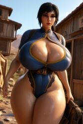 3d ai_generated big_ass big_boobs big_breasts black_hair brown_eyes colossal_ass colossal_breasts combination_lock desert fallout fallout_4 nora_(fallout_4) ravenomega sexy_body sexy_female sweaty_body voluptuous voluptuous_body voluptuous_female