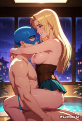 1boy 1boy1girl 1girls ai_generated artist_name ass blonde_blazer blonde_hair blue_eyes breasts corset dispatch_(game) domino_mask female from_side hetero hi_res indoors large_breasts long_hair looking_at_another lustboxai mask night nipples panties patreon_username penis sex skirt smile straddling underwear upright_straddle vaginal vaginal_penetration vaginal_sex water wet window