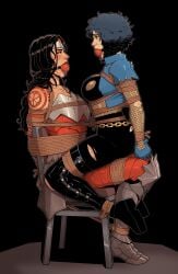 2026 2d_(artwork) 2girls absolute_dc absolute_wonder_woman absolute_zatanna arms_tied_behind_back ball_gag black_hair bondage bound bound_together bound_wrists chair chair_bondage clothed clothed_bondage dc_comics female female_only femsub fishnets gag gagged lesbian ripped_clothing rope rope_bondage skelebomb tattoo tied_up torn_clothes wonder_woman wonder_woman_(series) zatanna