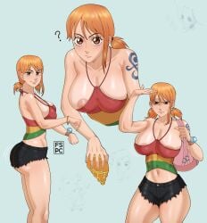 1girls 2d ass booty_shorts breasts breasts_bigger_than_head busty cleavage denim_shorts female female_only fspc jean_shorts light-skinned_female light_skin looking_at_viewer nami_(one_piece) nipple_slip nipples one_piece orange_hair short_shorts shorts solo solo_female tagme thick_thighs thighs