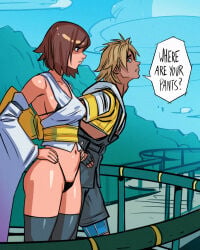 ass belly belly_button black_bra black_panties blue_eyes breasts brown_hair curvy davecavedraws dialogue final_fantasy final_fantasy_x hands_on_hips hips navel no_pants panties pantless sleeves small_bra small_panties thighhighs thighs tidus yuna