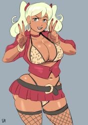ass blonde_hair breasts cleavage curvy dark_skin female female_only grey_background grey_eyes gyaru large_breasts long_hair navel original original_character simple_background tako_(zestysauce) thick_thighs twintails wide_hips zestysauce