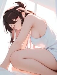1girl absurd_res absurdres ai-created ai-generated ai_art ai_generated artist_name athletic_female backlighting bangs bare_arms bare_legs bare_shoulders beidou_(genshin_impact) boobs breasts brown_hair bust chest closed_mouth curtains dress female fit_female from_side genshin_impact gumtoof hair_between_eyes hi_res high_quality high_resolution large_breasts long_hair looking_at_viewer morning one_eye_closed patreon red_eyes sideboob sleeveless solo squatting stable_diffusion tagme thighs tits uncensored white_dress white_shirt window