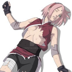 defeated defeated_heroine green_eyes kiripetals naruto:_the_last naruto_(series) one_eye_closed pink_hair sakura_haruno short_hair solo_female torn_clothes underboob