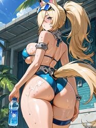 (titancore) ai_generated back_view beach big_ass blonde_hair blue_eyes curvy_figure cute_girl drinking holding_bottle horse_ears horse_girl horse_tail huge_breasts long_hair monster_girl ponytail seductive_look seductive_pose sigrid_(zenless_zone_zero) strong_female sunglasses_on_head sweatdrop swimsuit thick_thighs thiren video_game_character zenless_zone_zero