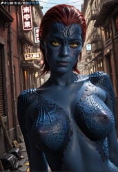 1girl ai_generated blue_skin breasts female marvel medium_breasts mystique_(marvel) nude raven_darkholme red_hair redkitty solo x-men x-men_(movie_series) yellow_eyes