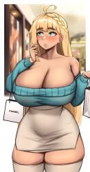 1girls 2022 ahoge aqua_eyes asymmetrical_hair beauty_mark blonde_hair blush breasts cleavage eyebrows_visible_through_hair female hips huge_breasts indoors light-skinned_female light_skin long_hair louise_(okanderlig) mall mole mole_on_breast mole_under_eye original original_character roresu shopping shopping_bag shopping_mall skindentation slim_waist solo solo_female thick_eyebrows thick_thighs thighhighs thighs tight_clothing tight_fit wide_hips