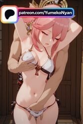 1boy 1girl ai_generated alternate_costume animal_ears armlet armpits arms_behind_head arms_up ass_visible_through_thighs bangs bare_arms bare_shoulders bell bikini bikini_bottom bikini_pull bikini_top black_bikini blue_eyes blurry blurry_background blush braid breast_grab breasts breath brown_bikini cleavage collarbone contrapposto covered_nipples cowboy_shot door doorway earrings english_text eyebrows_visible_through_hair eyelashes fingering fox_ears from_above front-tie_bikini front-tie_top genshin genshin_impact grabbing grabbing_from_behind groin groping hair_between_eyes hair_feathers hair_ornament half-closed_eyes halter_top halterneck hand_in_panties hand_under_clothes head_tilt heart heavy_breathing hetero hoyoverse indoors jewelry large_breasts layered_bikini long_hair looking_at_viewer looking_to_the_side medium_breasts mirror mole mole_under_eye navel nipples o-ring_bikini open_mouth parted_lips patreon_username phone_screen pink_eyes pink_hair pointy_ears purple_eyes reach-around shiny shiny_hair short_hair side-tie_bikini side-tie_panties sidelocks small_breasts smile solo_focus speech_bubble spoken_heart standing steam stomach swimsuit teeth thigh_gap thighs through_clothes trembling twin_braids underboob very_long_hair white_bikini wooden_wall yae_miko yae_miko_(genshin_impact) yae_sakura