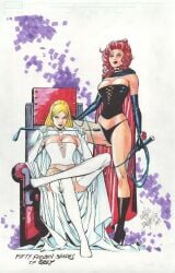 2girls alternate_hairstyle black_cape black_clothing black_high_heels black_queen blonde_hair boots breasts carlos_pacheco clothed color emma_frost female female_only full_body hellfire_club high_heel_boots high_heels holding_riding_crop holding_whip huge_breasts human human_only jean_grey large_breasts marvel marvel_comics orange_hair red_hair riding_crop sitting standing thigh_boots thighs whip white_boots white_cape white_clothing white_high_heels white_high_heels_boots white_queen white_thigh_boots x-men