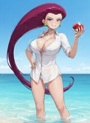ai_generated beach big_boobs big_breasts big_tits jessie_(pokemon) pokemon posing_for_the_viewer team_rocket water wet_clothing