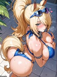 (titancore) ai_generated beach big_ass blonde_hair blue_eyes curvy_figure cute_girl drinking holding_breasts horse_ears horse_girl horse_tail huge_breasts long_hair monster_girl ponytail seductive_look seductive_pose sigrid_(zenless_zone_zero) strong_female sunglasses_on_head sweatdrop swimsuit thick_thighs thiren video_game_character zenless_zone_zero