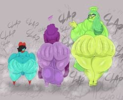 1futa 2girls aqua_(deltarune) deltarune futanari green_(deltarune) hyper hyper_ass hyper_balls hyper_penis purple_hair seth_(deltarune) slinkmayker standing_on_toes tagme twerking
