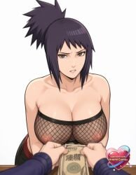 1boy 1girls ai_generated angry annoyed artist_name bandeau banknote bare_arms bare_shoulders black_hair black_pants blurry blurry_foreground breasts brown_eyes cleavage clenched_teeth collarbone covered_nipples crop_top depth_of_field disgust fishnet_thighhighs fishnet_top fishnets frown furrowed_brow glaring heart hetero high_ponytail holding holding_money large_breasts leaning_forward lips long_hair long_sleeves looking_at_viewer medium_hair money naruto_(series) nipples out_of_frame pants parted_lips patreon_logo patreon_username ponytail pov pov_hands prostitution purple_hair red_belt scowl see-through shirt short_hair short_ponytail sidelocks simple_background solo_focus standing strapless table teeth tube_top upper_body v-shaped_eyebrows watermark web_address white_background