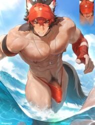 2boys abs animal_ear_piercing animal_ears bandaged_arm bandages bara beach black_hair colored_bangs day dog_boy dog_ears dog_tail erection highres komano_manato large_pectorals lifeguard looking_at_another looking_at_viewer male_focus male_pubic_hair multicolored_hair multiple_boys multiple_scars muscular muscular_male navel nipples outdoors paid_reward_available pectorals penis penis_peek pubic_hair red_eyes red_hair red_thong scar scar_across_eye scar_on_cheek scar_on_chest scar_on_face short_hair sky tail teeth thick_thighs thighs thong twitter_username two-tone_hair uyouu19 visor_cap water whistle whistle_around_neck yaoi zenless_zone_zero