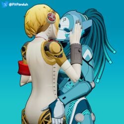 2girls 3d aegis_(persona) ass ass_view back_view blender blonde_hair clothed_female clothing danger_(marvel) danger_(marvel_tokon) female/female hand_on_butt hand_on_hip kiss kissing looking_at_viewer marvel marvel_comics marvel_tokon:_fighting_souls persona persona_(series) persona_3 pitpanduh questionable robot robot_girl standing standing_kiss twitter_link twitter_username watermark yuri