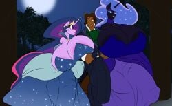 absurd_res anthro big_breasts breasts bulge cleavage clothed clothing dress duo earth_pony equid equine female friendship_is_magic genitals hasbro hi_res horn horse hyper hyper_genitalia intersex mammal moon my_little_pony mythological_creature mythological_equine mythology night nightmare_moon_(mlp) nipple_slip plant pony toughset tree twilight_sparkle_(mlp) unicorn winged_unicorn wings