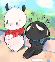 2026 anthro archived_source balls belly big_balls big_penis biped black_balls black_body black_ears black_foreskin black_penis black_tail black_tail_tip blue_scarf blue_sky blush bodily_fluids bottomless bottomless_anthro bottomless_male canid canine canis chibi chococat clothed clothed_anthro clothed_male clothing day detailed_background dialogue digital_drawing_(artwork) digital_media_(artwork) dipstick_tail domestic_cat domestic_dog duo_focus felid feline felis foreskin genitals glans group hello_kitty_(series) hi_res hoodie huge_penis humanoid_genitalia humanoid_penis hyper hyper_genitalia hyper_penis ligma_(artist) looking_at_another male mammal markings monotone_body mostly_nude mostly_nude_anthro mostly_nude_male mouthless navel no_sclera outside penis penis_size_difference pink_glans pivoted_ears pochacco pupils red_clothing red_hoodie red_topwear sanrio scarf scarf_only screw shaded short_tail simple_eyes sky slightly_chubby slightly_chubby_anthro slightly_chubby_male small_balls small_but_hung small_penis speech_bubble standing sweat sweatdrop tail tail_markings topwear trio white_body white_eyes white_speech_bubble wide_hips yellow_inner_ear yellow_nose young young_anthro young_male