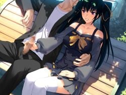 1boy 1girl angry bare_shoulders bench black_hair blush breasts casual censored cleavage clenched_teeth fuuki_iinchou_seira game_asset hair_ribbon handjob hetero ishigaki_takashi large_breasts long_hair mosaic_censoring mutual_masturbation non-web_source official_art open_fly outdoors park penis penis_out pleated_skirt public_indecency purple_eyes ribbon ribbon_trim saotome_seira self-datamine sitting skirt solo_focus teeth thighhighs twintails variant_set visual_novel_cg white_thighhighs zettai_ryouiki