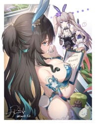 3girls absurdres alternate_costume animal_ear_hairband animal_ears aqua_eyes aqua_leotard aqua_nails aqua_streaks ass big_ass big_breasts black_dress black_hair black_leotard blue_hair border breasts brown_hair bunnysuit cake_cat_(honkai:_star_rail) cleavage clipboard commentary_request doll dress fake_animal_ears flat_chest flower flower_in_hair hair_ornament hairband herta_(honkai:_star_rail) highres holding holding_clipboard honkai:_star_rail honkai_(series) huge_ass huge_breasts large_breasts leotard long_hair lucio_(luci0_52) maid maid_uniform mature_female multicolored_hair multiple_girls nail_polish petite petite_body petite_female plant playboy_bunny ponytail purple_eyes purple_hair rabbit_ear_hairband rabbit_ears rabbit_tail ruan_mei_(honkai:_star_rail) sideboob signature silver_hair small_breasts spaceship strapless strapless_leotard streaked_hair tail tall_female the_herta_(honkai:_star_rail) thick_thighs thighhighs thighs twintails twitter_username two-tone_hair white_border