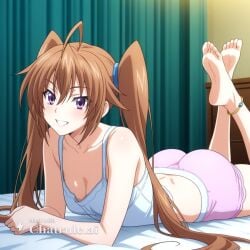 1girl ahoge ai_assisted ai_generated anime_screencap anklet bare_shoulders barefeet bedroom brown_hair cleavage curvy_body detailed_feet eyes_half_closed feet_up grin long_hair looking_at_viewer mature_female narrow_waist petite prone_position purple_eyes round_ass small_breasts soft_breasts the_pose tired twintails very_long_hair wide_hips