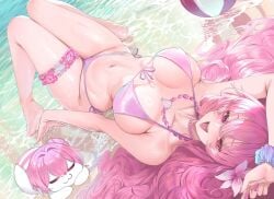1girl ball beach beachball bikini breasts commentary day dishwasher1910 doro_(nikke) dorothy_(nikke) english_commentary goddess_of_victory:_nikke hair_spread_out highres jewelry large_breasts long_hair looking_at_viewer lying navel necklace on_back open_mouth outdoors pink_bikini pink_eyes pink_hair scrunchie smile solo stomach swimsuit thigh_strap thighs very_long_hair water wrist_scrunchie