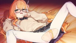 1girl anus bed_sheet black-framed_eyewear black_bow black_bowtie black_skirt blush bow bowtie breasts brown_sweater censored choukou_(alicesoft) choukou_taisen_escalation_heroines clothing_aside feet_out_of_frame glasses green_eyes hair_between_eyes hair_bun half-closed_eyes long_hair long_sleeves looking_at_viewer lying miniskirt mosaic_censoring multicolored_hair official_art on_back on_bed open_mouth orange_hair panties panties_aside pantyhose pleated_skirt pussy school_uniform shirt signalviolet single_hair_bun single_side_bun skirt sleeves_past_wrists small_breasts solo spread_legs streaked_hair sweat sweater torn_clothes torn_pantyhose underwear very_long_hair watari_canaria wavy_mouth white_hair white_pantyhose white_shirt yellow_panties