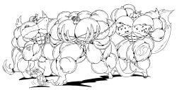 3girls abs biceps breasts digimon dragon female fluttershy_(mlp) hair long_hair male manthomex muscles muscular muscular_arms muscular_female muscular_legs muscular_male muscular_thighs my_little_pony pecs renamon tail wings
