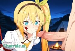 1girl absurdly_long_hair ai_assisted ai_generated anime_coloring anime_screencap blonde_hair blood_splatter blue_eyes bow_hairband campsite close_up detailed_background detailed_eyes firelight flaccid_penis frowning hair_between_eyes hair_bow hair_ribbon high_quality juliet_sleeves kneeling long_sidelocks long_sleeves looking_at_penis multicolored_hair night orange_hair outside short_hair side_ponytail source_anime upper_body white_dress white_robe