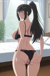 1girl ai_generated anus ass back bed bedroom black_bra black_hair black_panties blush bra breasts brown_eyes censored chabashira_sae classroom_of_the_elite closed_mouth clothing_aside cowboy_shot curtains digitalwaifugallery female_pubic_hair from_behind hair_ornament hairclip hi_res high_ponytail high_quality high_resolution indoors large_breasts long_hair looking_at_viewer looking_back nipples panties panties_aside patreon ponytail pubic_hair pussy seductive sexy solo spread_pussy standing uncensored underwear underwear_only watermark window wooden_floor