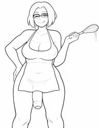 ai_edit bulge_under_clothes coloring_page dross futanari glasses large_breasts licking_lips milf naked_apron penis_peek veiny_penis